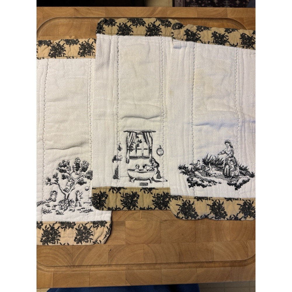 Vintage Embroidered Burp Cloths Toile Style Pastoral Scenes Set of 3